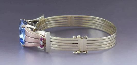Superb Retro 14k Two Tone Gold Ruby Diamond & Blue Spinel Cuff Bangle Bracelet