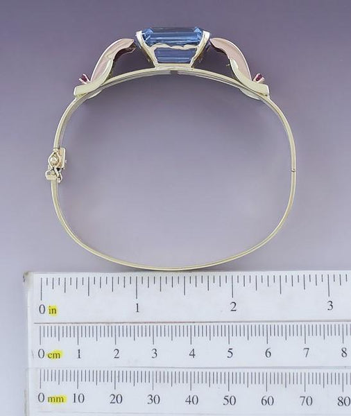 Superb Retro 14k Two Tone Gold Ruby Diamond & Blue Spinel Cuff Bangle Bracelet