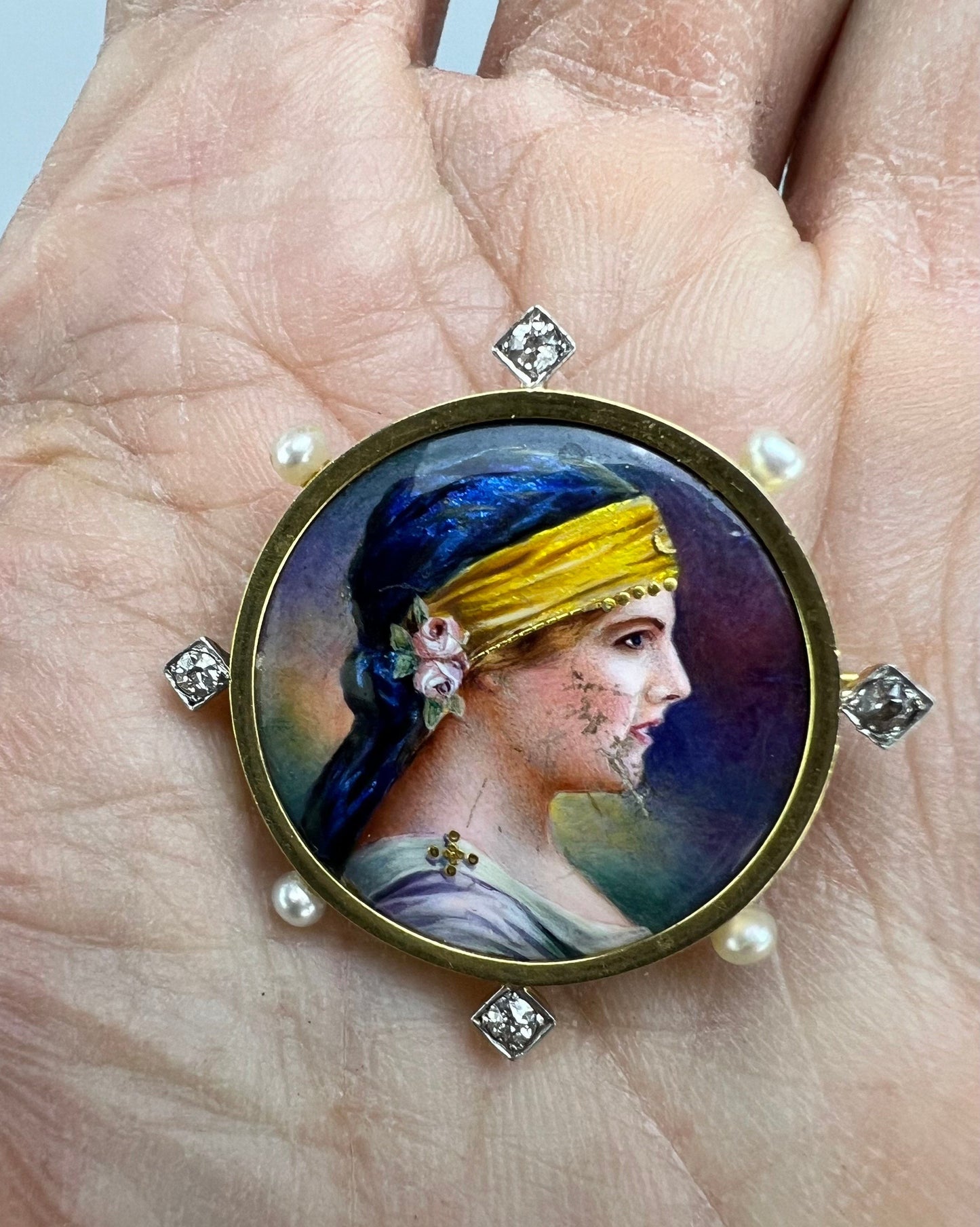 Superb Victorian 18k Gold Diamond Pearl Miniature Portrait of a Young Woman Pin