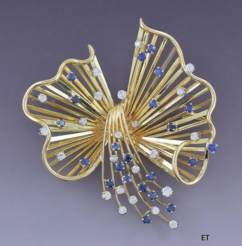 Gorgeous 18k Gold ~1ct Diamond & Sapphire Retro Style Pin / Brooch