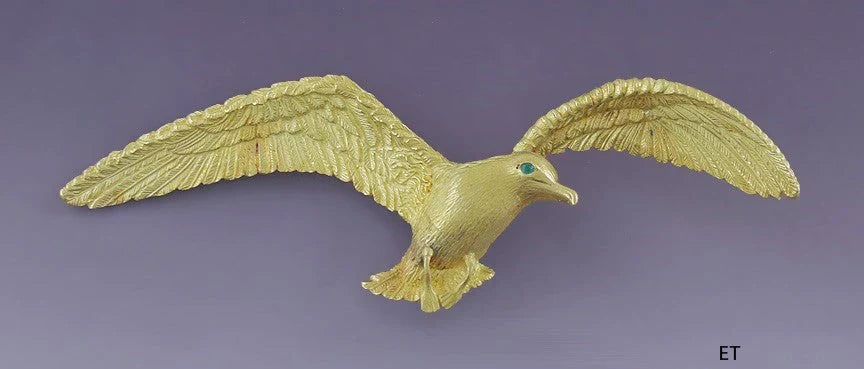 Stunning 18k Yellow Gold Emerald Pin Brooch Pendant Seagull Albatross Sea Bird