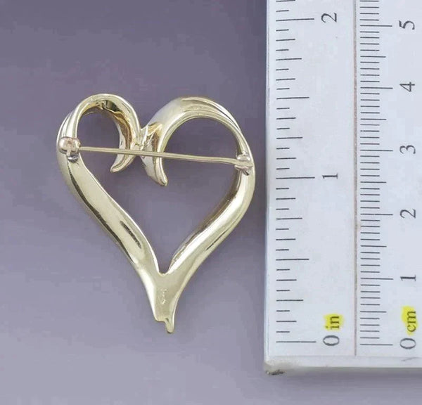 Romantic 14k Yellow Gold Ribbon Open Heart Pin Brooch