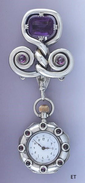 c1900 Superb Silver Amethyst & Garnet Ladies Lapel Watch