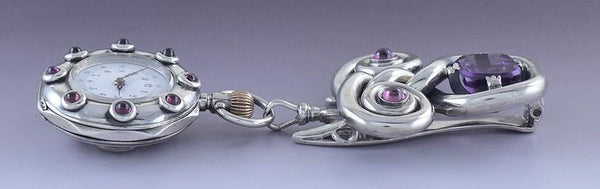 c1900 Superb Silver Amethyst & Garnet Ladies Lapel Watch