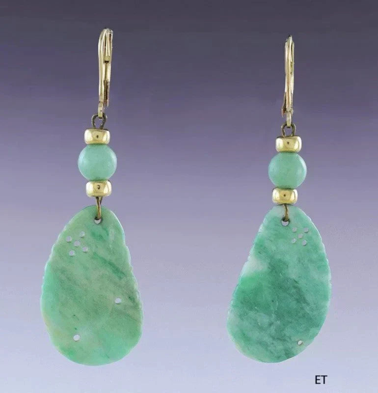 Elegant Pair Hand Carved Green Jade 14k Yellow Gold Dangle Earrings