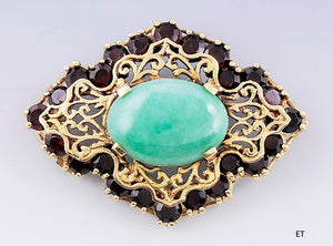 Beautiful 14k Yellow Gold Jadeite Jade Garnet Pin/Brooch