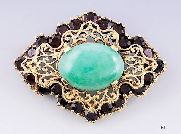 Beautiful 14k Yellow Gold Jadeite Jade Garnet Pin/Brooch