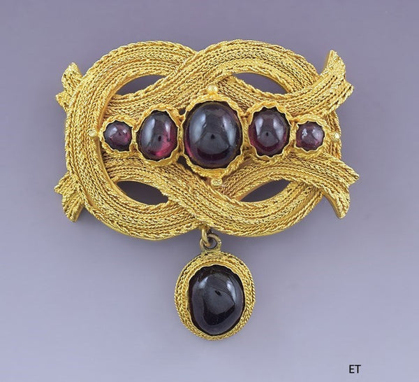 19th Century Victorian 14K Yellow Gold Garnet Knot Brooch/Pin