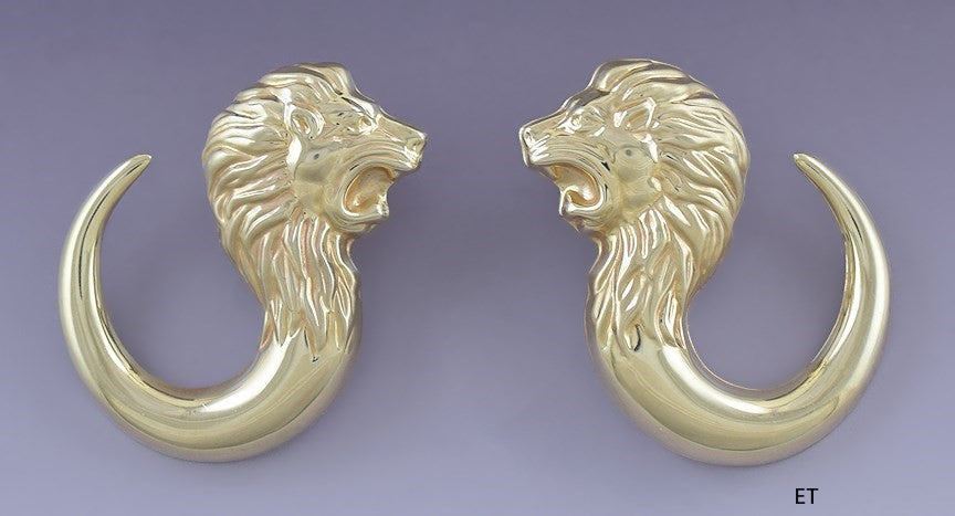 Stunning Pair Vintage Bassani 14k Yellow Gold Lion Earrings