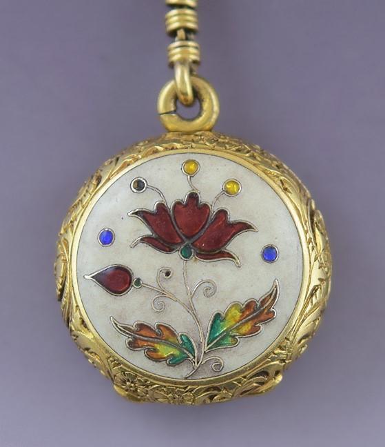 Fantastic Victorian 18k Yellow Gold Blue Red Floral Enamel Locket Pendant