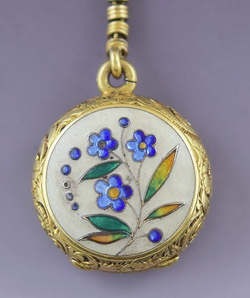 Fantastic Victorian 18k Yellow Gold Blue Red Floral Enamel Locket Pendant