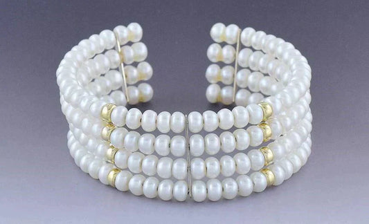 Modern Beautiful 14K Yellow Gold & Pearl Cuff Bracelet