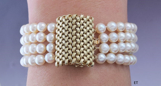 Elegant 14k Yellow Gold and Pearl 4 Strand Bracelet Woven Clasp Design