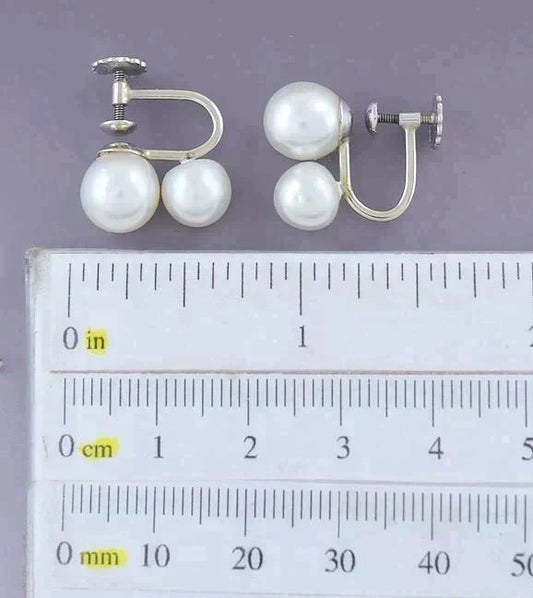 Lovely Pair 14k Yellow Gold & Double Pearl Earrings Screw Back