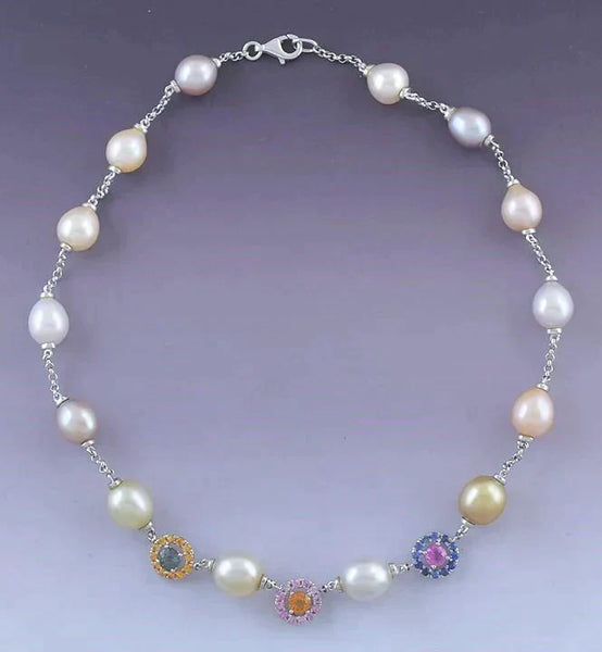 Stunning 18K White Gold Natural Sapphire and Pearl Necklace