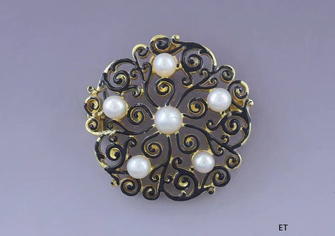 Antique 18k Victorian Gold Pearl Black Enamel Filigree Scrollwork Pin / Pendant