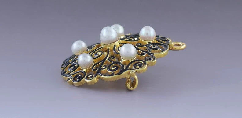 Antique 18k Victorian Gold Pearl Black Enamel Filigree Scrollwork Pin / Pendant