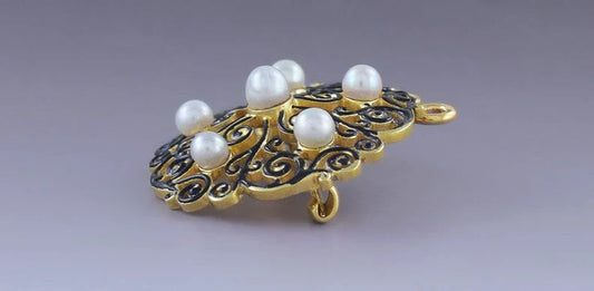 Antique 18k Victorian Gold Pearl Black Enamel Filigree Scrollwork Pin / Pendant