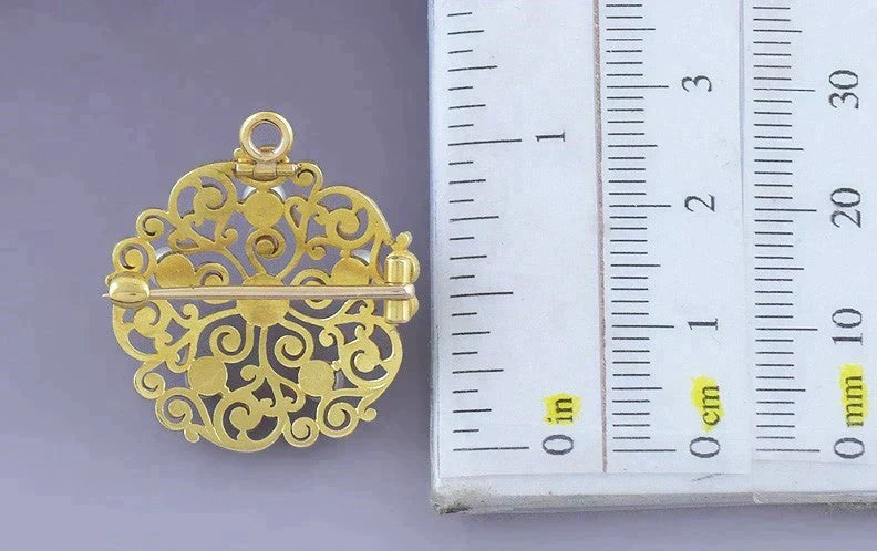 Antique 18k Victorian Gold Pearl Black Enamel Filigree Scrollwork Pin / Pendant
