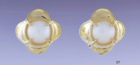 Modern Pair 14k Yellow Gold and Pearl Clip Back Earrings