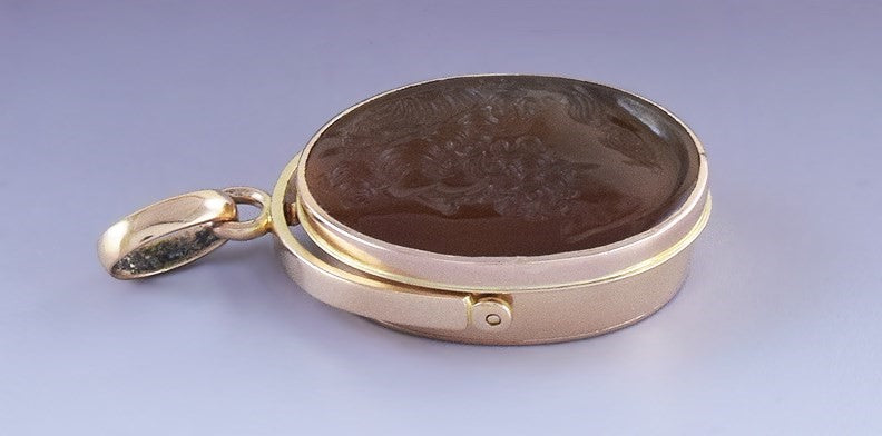 c1850s Victorian 18k Gold & Carved Carnelian Greco-Roman Intaglio Locket Pendant