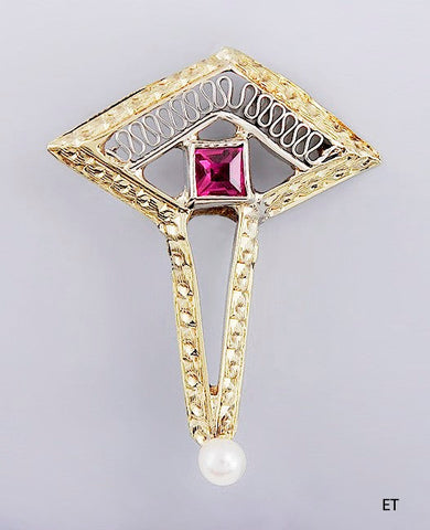 c1910s-1920s 14k Gold Seed Pearl & Red Stone Stickpin