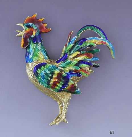 Modern 14K Yellow Gold Colorful Enamel Crowing Rooster Chicken Pin Brooch