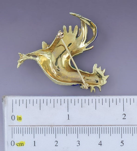 Modern 14K Yellow Gold Colorful Enamel Crowing Rooster Chicken Pin Brooch