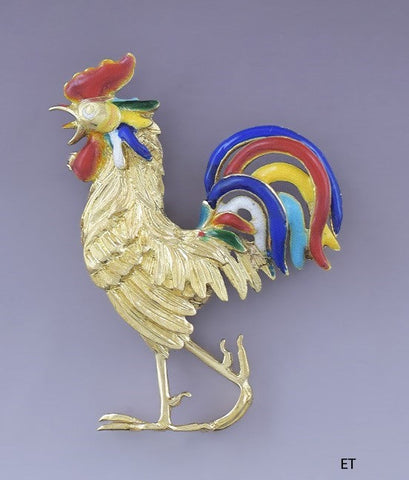 Fabulous Italian 18k Gold & Colorful Enamel Rooster Pin / Brooch