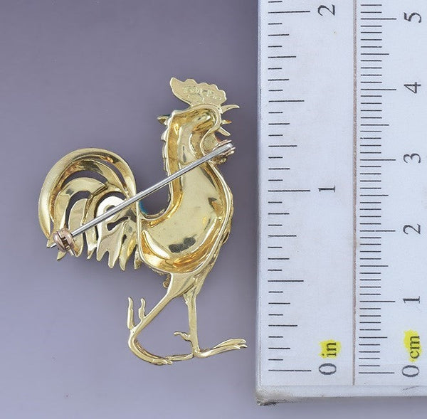 Fabulous Italian 18k Gold & Colorful Enamel Rooster Pin / Brooch