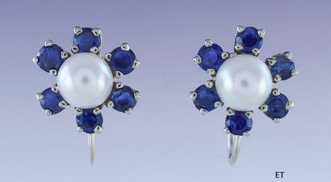 Lovely Pair 14K White Gold Pearl & Sapphire Flower Screw Back Earrings
