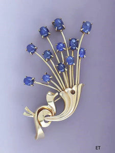 Gorgeous Retro 14k Gold Sapphire Floral Spray Pin / Brooch