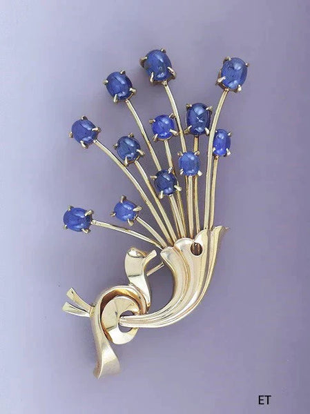 Gorgeous Retro 14k Gold Sapphire Floral Spray Pin / Brooch