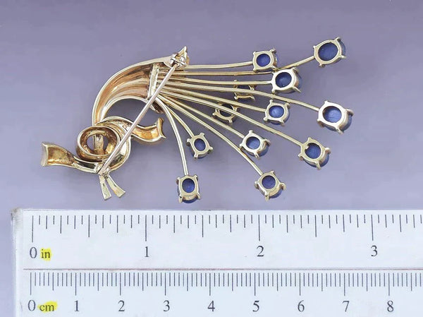 Gorgeous Retro 14k Gold Sapphire Floral Spray Pin / Brooch