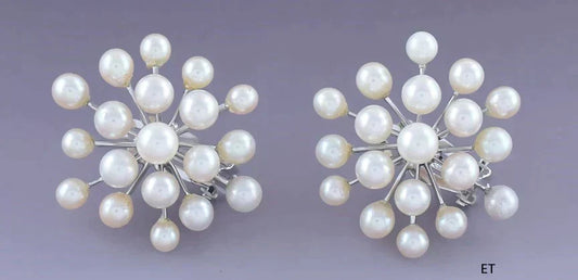 Vintage Pair 14k White Gold Pearl Snowflake Starburst Cluster Sputnik Earrings