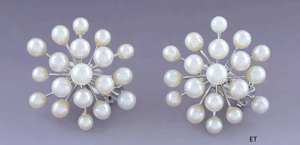 Vintage Pair 14k White Gold Pearl Snowflake Starburst Cluster Sputnik Earrings