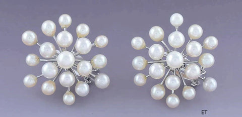 Classy Pair 14k White Gold & Pearl Snowflake Starburst Sputnik Earrings