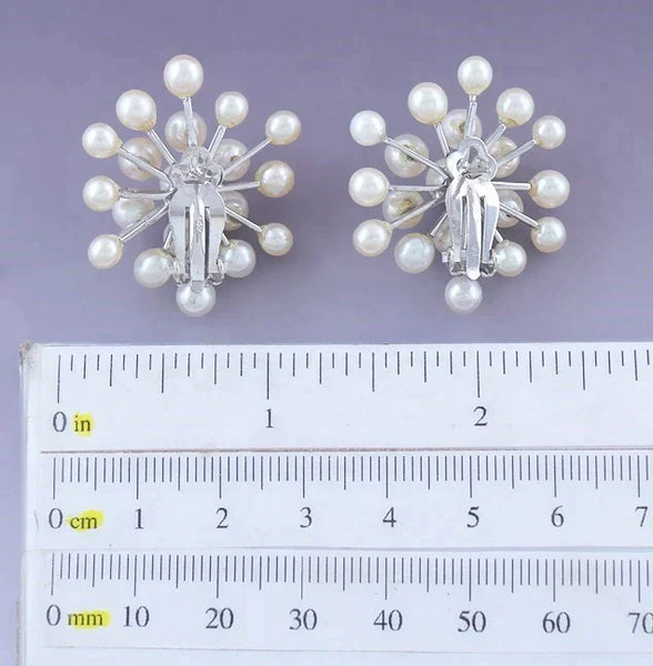 Vintage Pair 14k White Gold Pearl Snowflake Starburst Cluster Sputnik Earrings