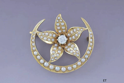 Antique c1910 14K Gold Natural Pearl Diamond Flower Crescent Moon Pin Brooch