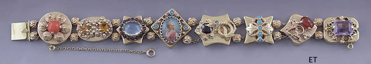 Lovely 14k Gold Multi Gem Slide Charm Bracelet Victorian Style Mini Portrait