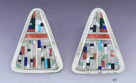 Pretty Pair Medina Native American Sterling Silver & Stone Mosaic Inlay Earrings