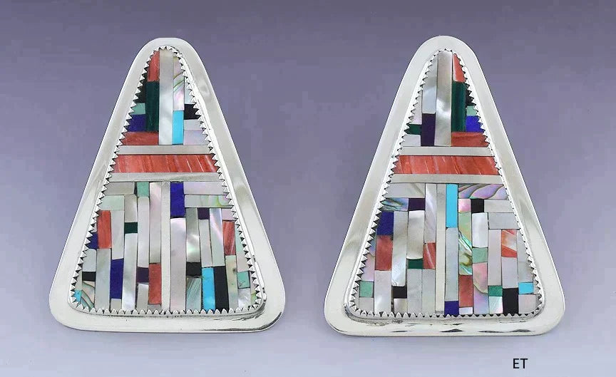 Pretty Pair Medina Native American Sterling Silver & Stone Mosaic Inlay Earrings