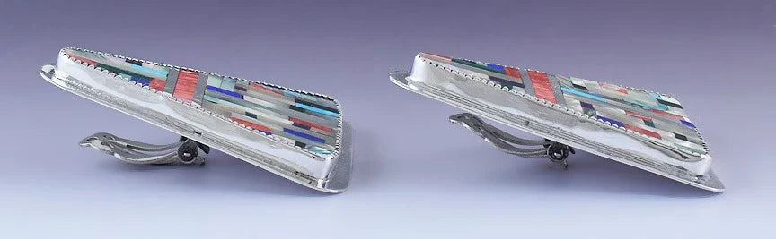 Pretty Pair Medina Native American Sterling Silver & Stone Mosaic Inlay Earrings