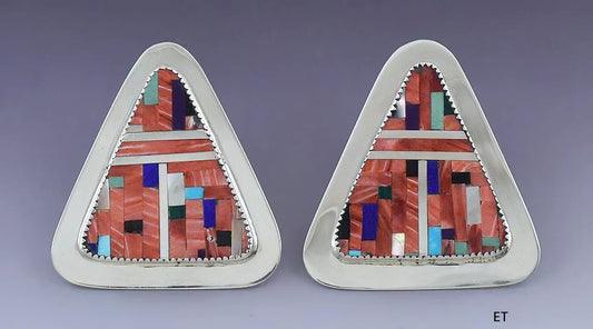 Lovely Pair Medina American Indian Sterling Silver & Stone Mosaic Inlay Earrings