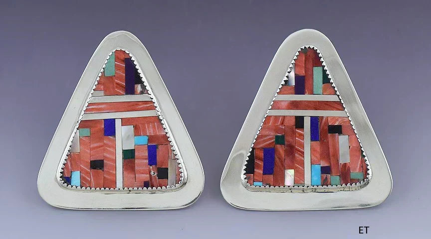 Lovely Pair Medina American Indian Sterling Silver & Stone Mosaic Inlay Earrings