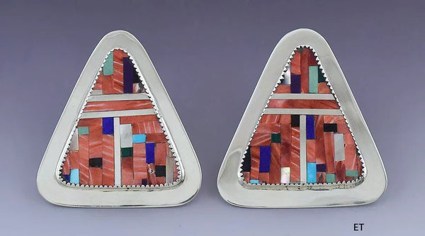 Lovely Pair Medina American Indian Sterling Silver & Stone Mosaic Inlay Earrings