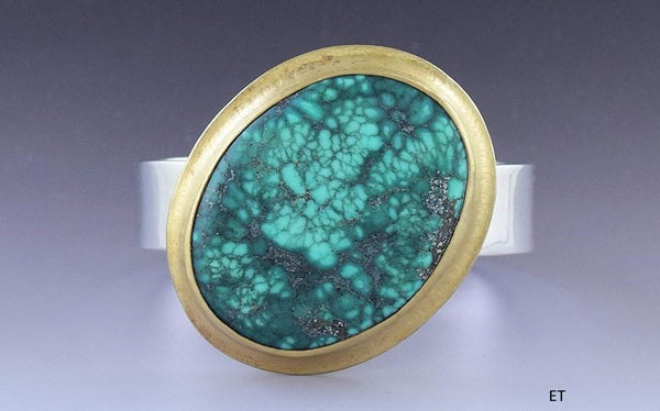 Beautiful Southwestern Sterling Silver Turquoise & 22k Gold Cuff Bracelet