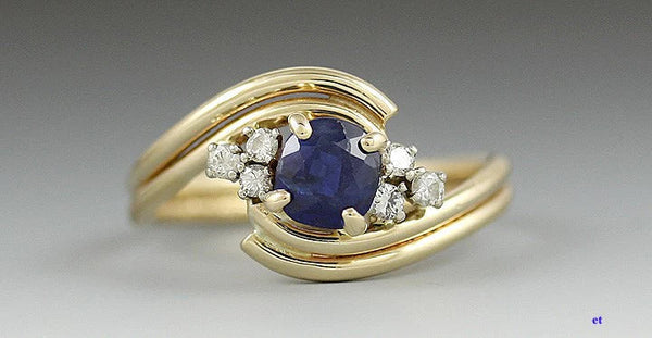 Stylish 14K Gold ~.65 -.70CT Sapphire & Diamond Bypass Nazar Ring sz 6 1/2