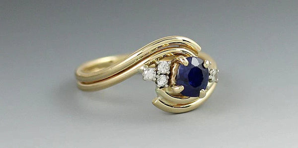 Stylish 14K Gold ~.65 -.70CT Sapphire & Diamond Bypass Nazar Ring sz 6 1/2