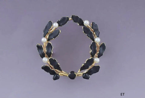 Antique Krementz 14k Gold Black Enamel Seed Pearl Wreath Laurel Pin Brooch